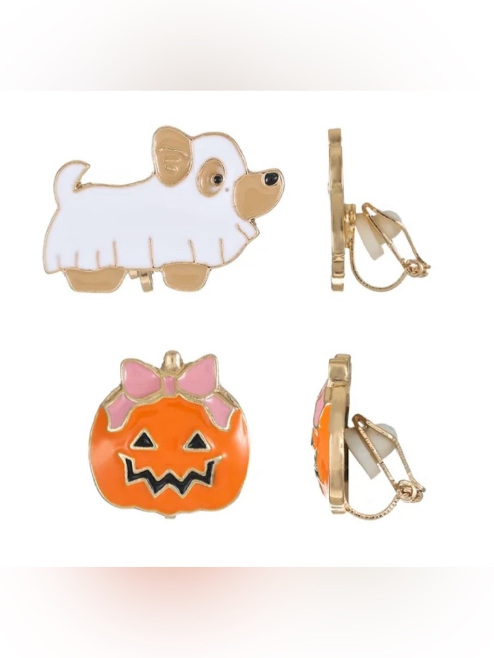 ❤️ Cute Halloween Pumpkin Dog Enamel Clip-On Earrings Set Orange Pink White